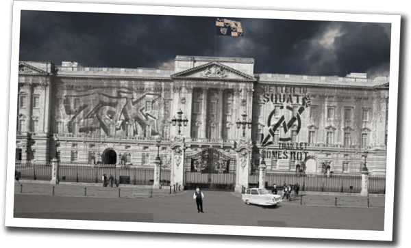 Polaroid photo of ZakWashington outside Buckingham palace with a Reliant Robin car
