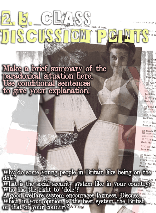 Classroom discussion question sheet for EFL classes with vintage British catalogue graphics