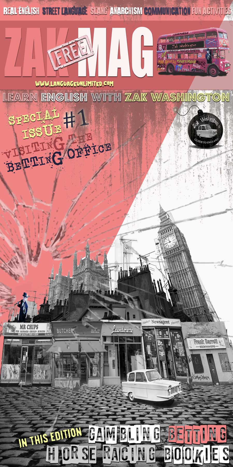 ZAKMAG magazine cover with caricature of Big Ben and shops viewed through broken glass