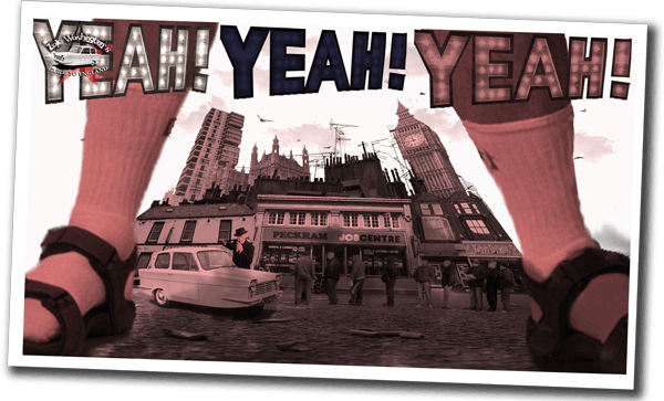 Polaroid of tourist in socks and sandals in caricature London street scene with big ben and tower block