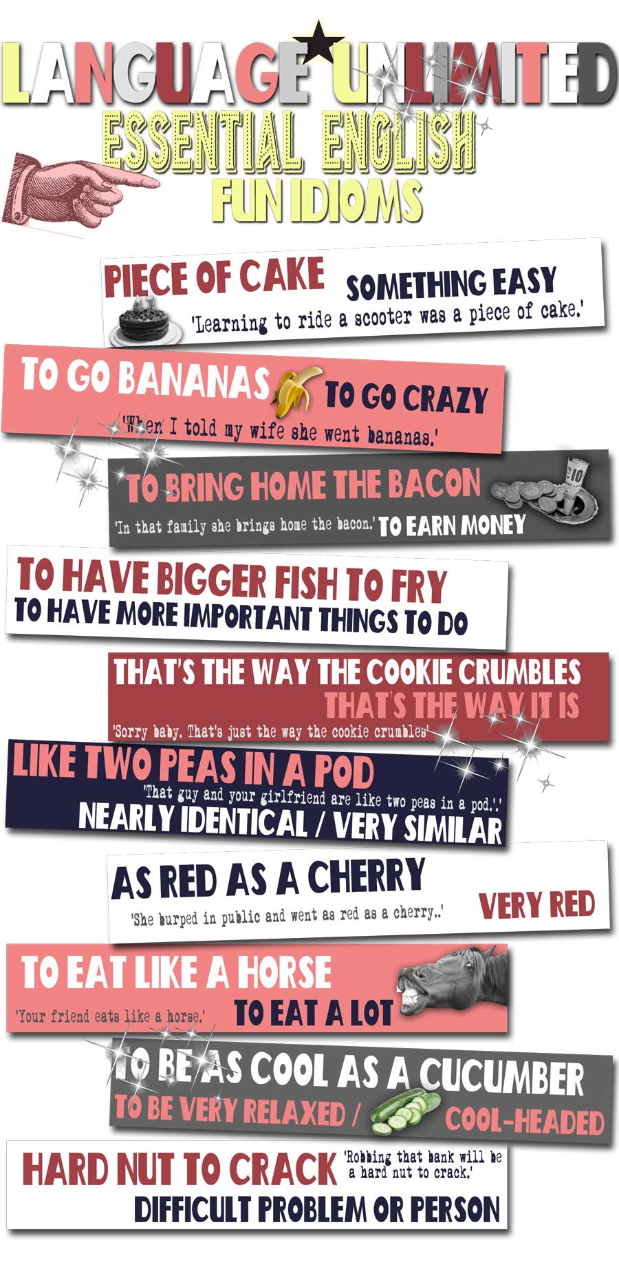 Infographic 'Essential English idioms' with terms like 'to go bananas', 'a piece of cake', 'bring home the bacon', 'eat like a horse'