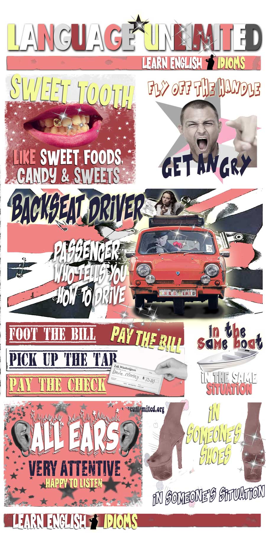 Infographic 'Learn English idioms' to explain idioms like 'Sweet tooth' 'in the same boat' 'all ears'.