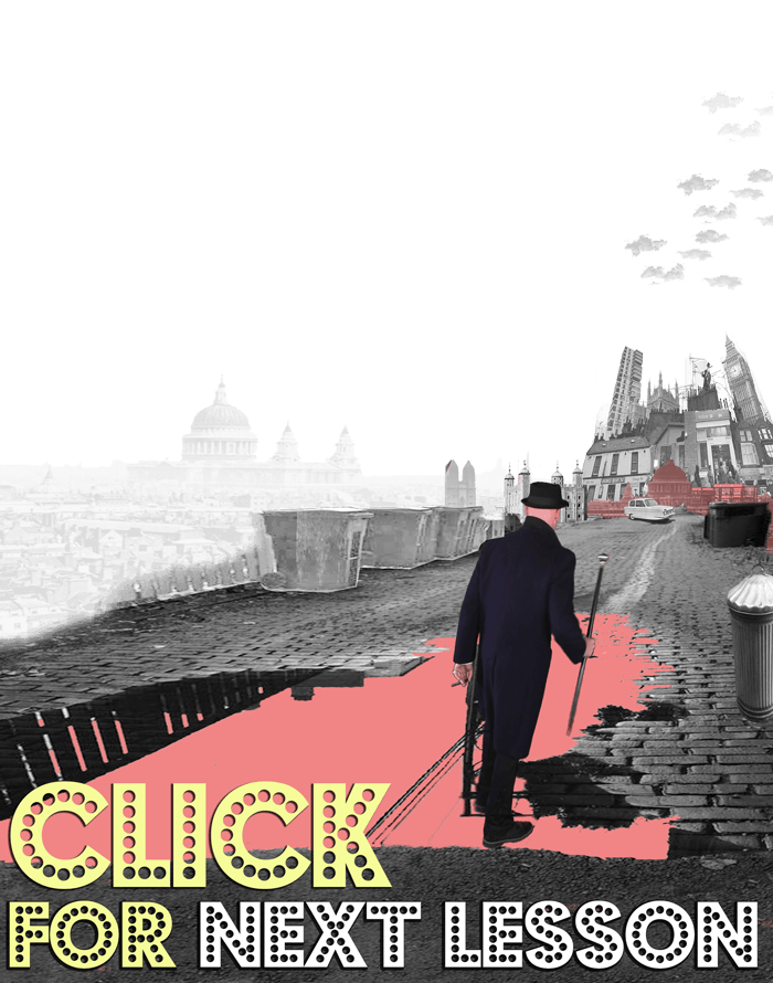 Zak walks off towards cartoonish Tower of London, St Pauls and London skyline. 