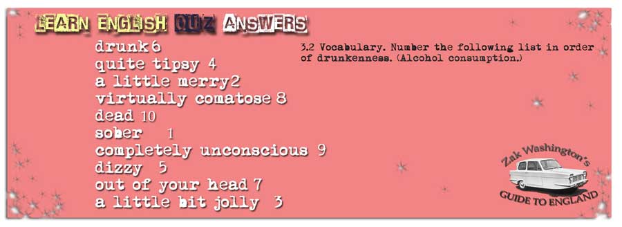 Card showing the answers to the English language pub quiz above