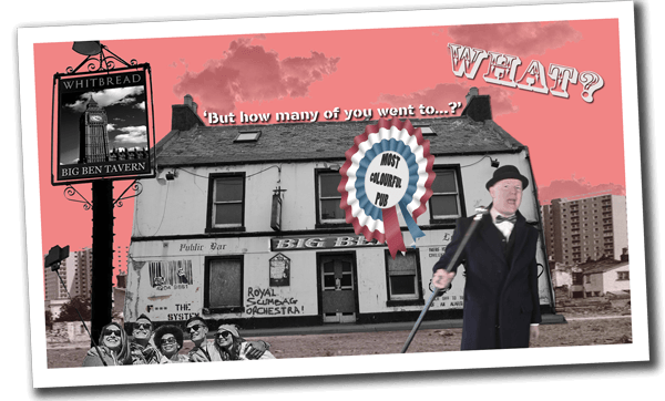 Polaroid style photo of British pub, London council housing estate and Zak Washington. Pub has rossette with words 'Most Colourful Pub' (Still from video tutorial)