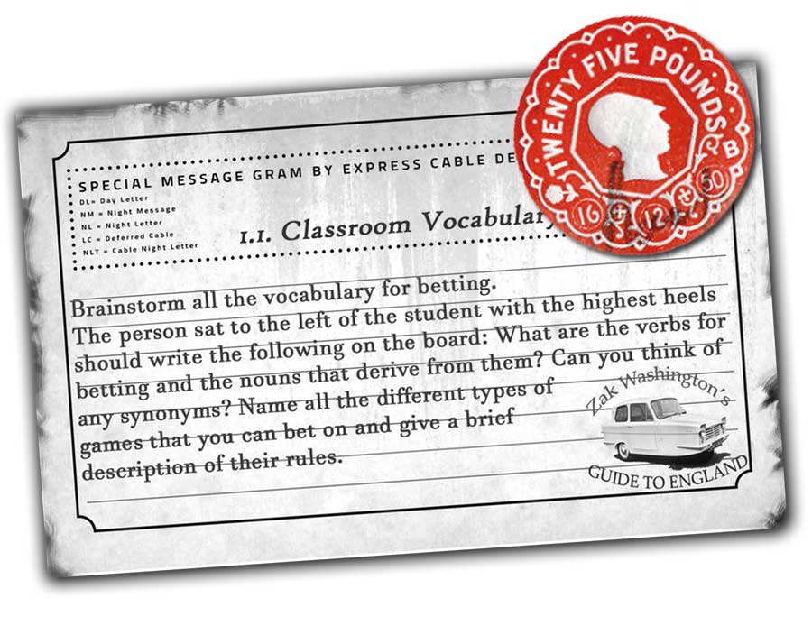 Classroom gambling vocabulary 1.1 printed on a vintage telegram