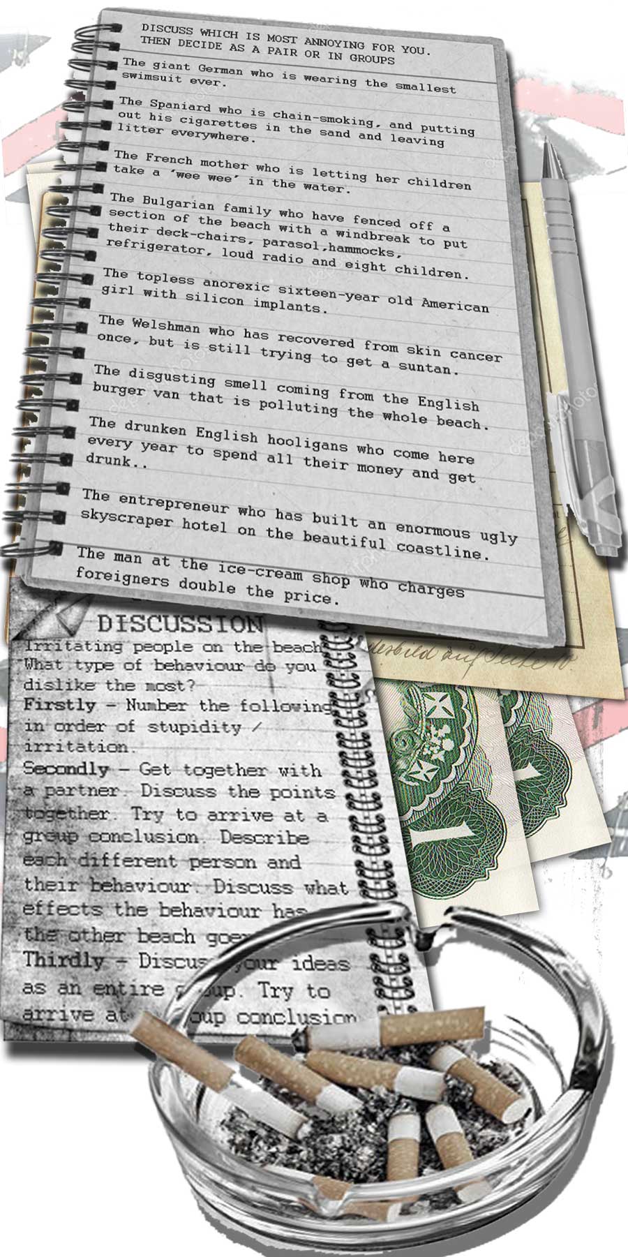 Discussion sheet about tourism for TESOL written on vintage notebook with old pen, full ashtray and British banknotes
