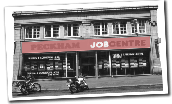 Peckham job centre (part of the Zak Washington adventure story) showing 1980s motorbikes parked outside an Unemployment Welfare building