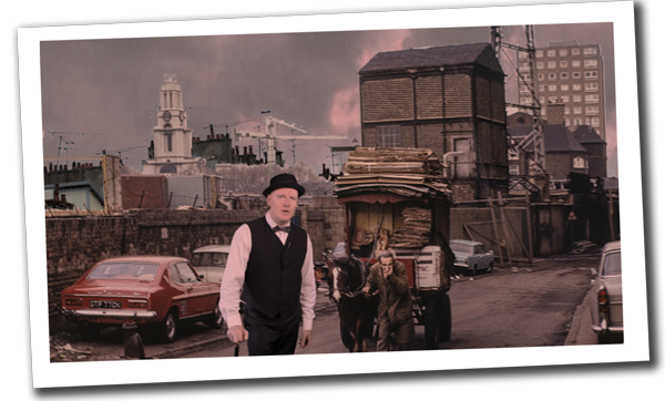 Polaroid-style photo of London cockney rag and bone man in East End street. 