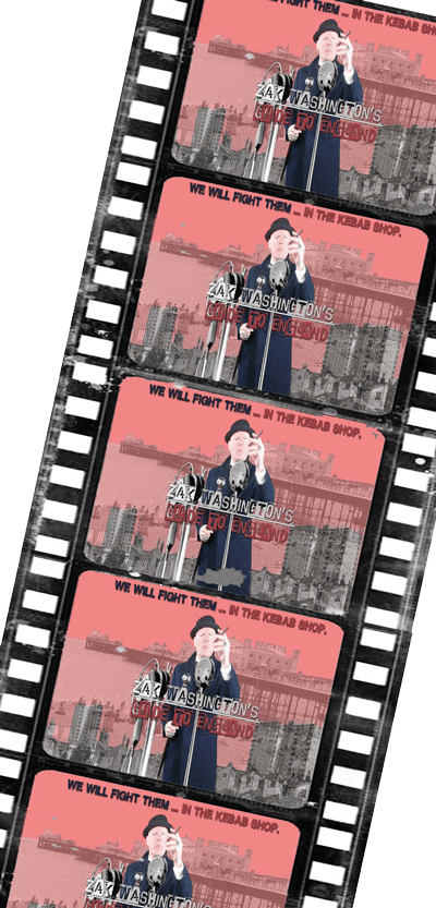 Film strip real with Zak Washington immitating Winston Churchill with Brighton beach pier in background and vintage microphones