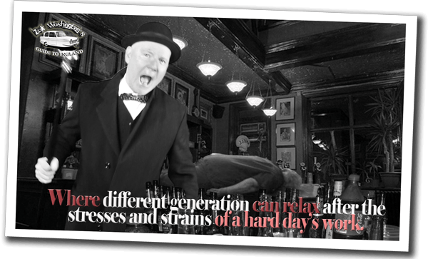 Polaroid-style still from accompanying video tutorial. Zak explaining about London pubs amid drunks and strange British characters