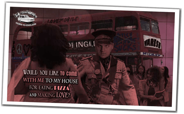 Image from a ZakWashington video with a double-decker bus, ticket inspector and Indian lady in a nightclub