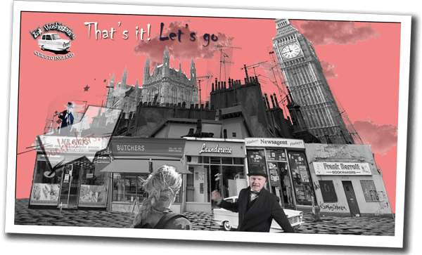 Polaroid-style caricature of a Fish and Chip shop, butchers, laundrette, newsagents, Big Ben & Houses of Parliament