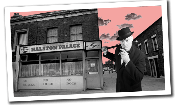 Polaroid photo of Zak outside a typical greasy spoon café - the 'Halston Palace' in Britain. 