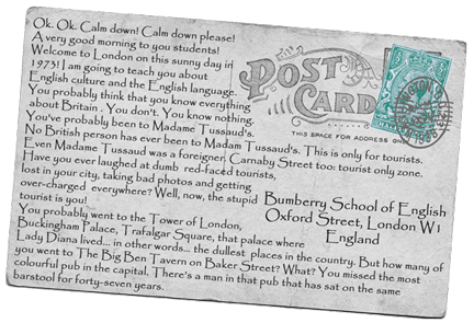 Zak's introduction speech written on a vintage British postcard