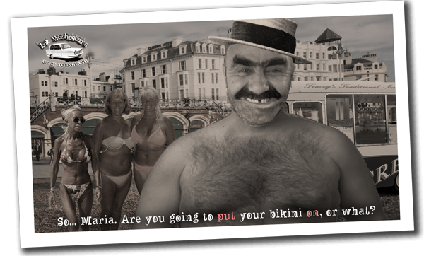 Polaroid-style still with vintage English gentleman and bathers at the seaside