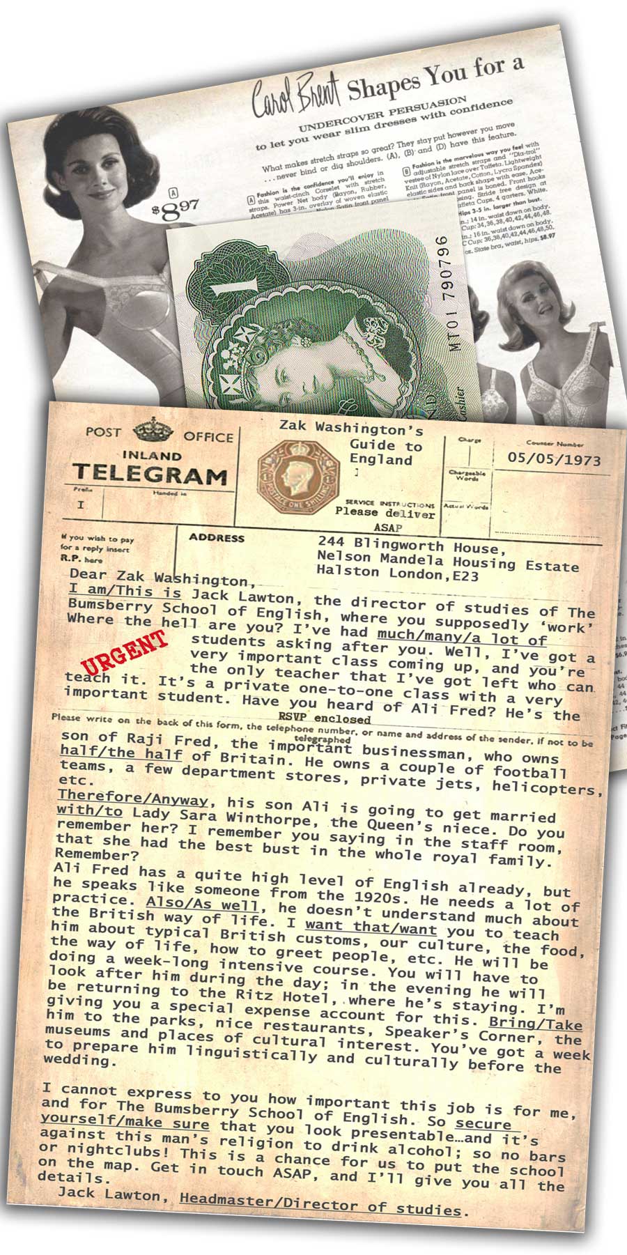 British vintage telegram with message from Director of Studies to Zak Washington