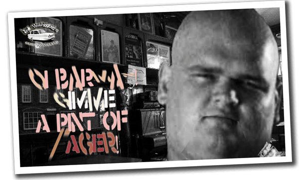 Polaroid-style still from accompanying video tutorial. Big bald British man ordering a drink inside a British pub (a still from Zak Video Tutorial)