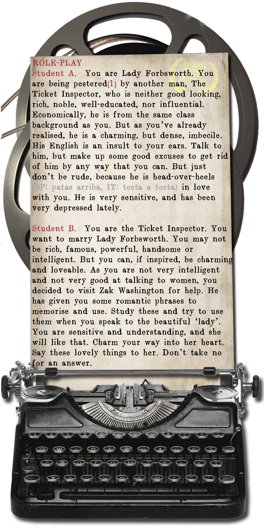 Student role-play activity with instructions on an antique typewriter