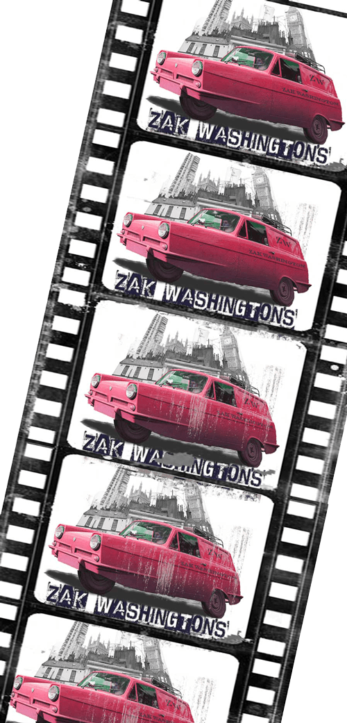 Pink British three-wheel Reliant Robin car from the 1970s on a vintage film strip
