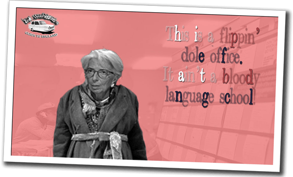 Ironic Banksy-style image of a European politician dressed as a 'bag lady' in a London unemployment office
