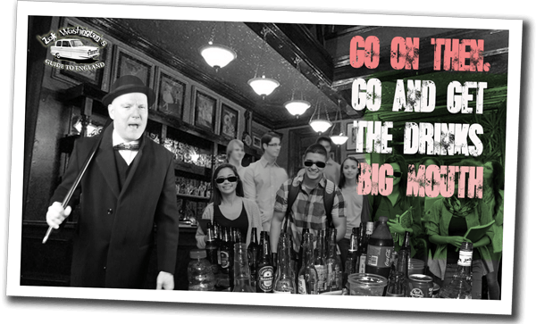 Polaroid of Zak teaching 10 students about British pub life and culture