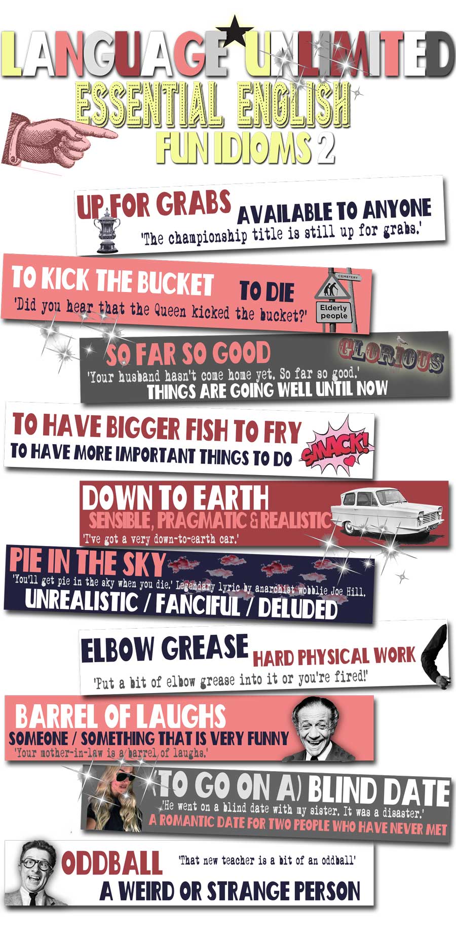 Infographic of 'Essential English Fun Idioms' including 'Up for grabs', 'to kick the bucket', 'so far so good'