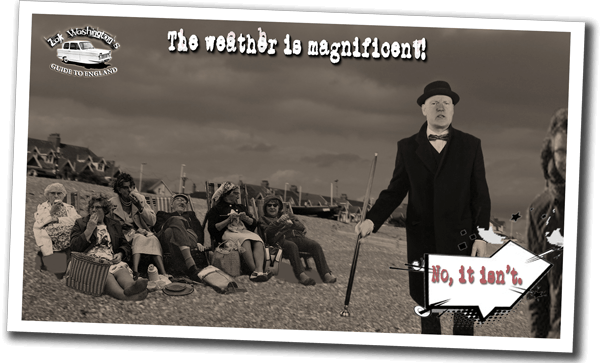 Polaroid-style still of Zak on a freezing cold beach saying 'the weather is magnificent' the seaside on Brighton beach in miserable weather