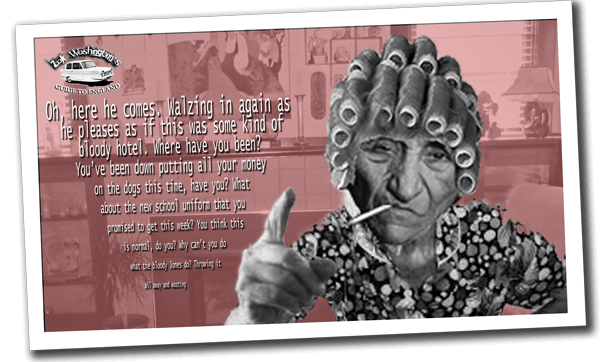 Vintage polaroid-style photo of a nagging British housewife wagging finger 