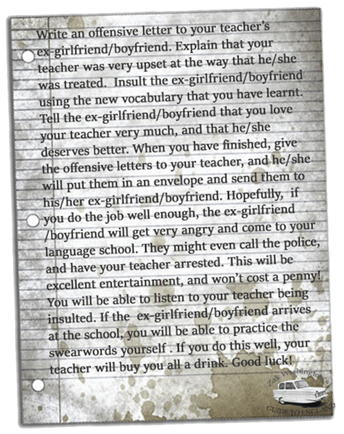 Dirty old piece of paper with students' homework assignment (write a letter to Zak's girlfriend)