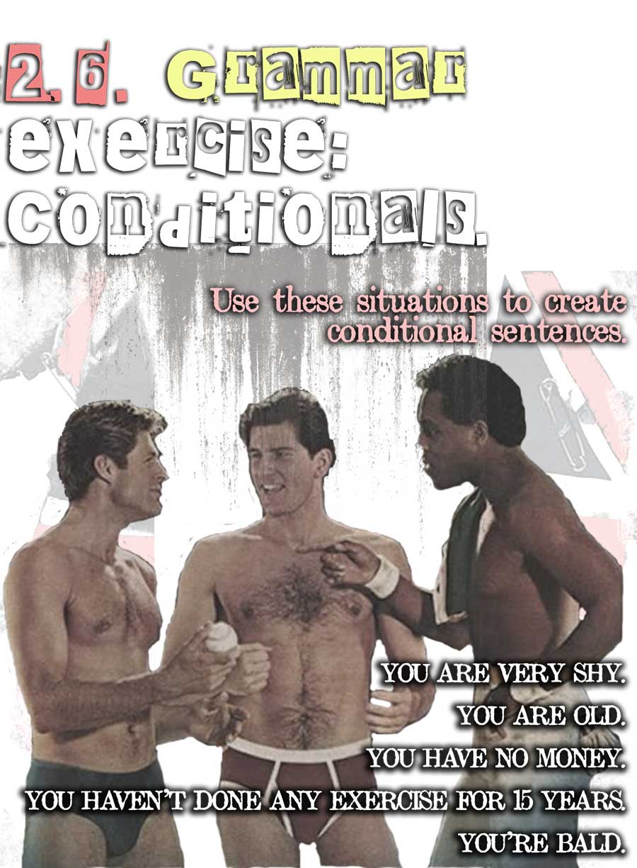 Infographic with grammar exercises for conditional sentences, showing vintage 1970s men from a British shopping catalogue