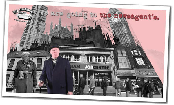 Photographic collage of with typical London cultural symbolism, shops, sights and street panorama
