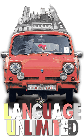 Main Language Unlimited branding image with vintage pink 3-wheel British car, logo and caricature London skyline behind