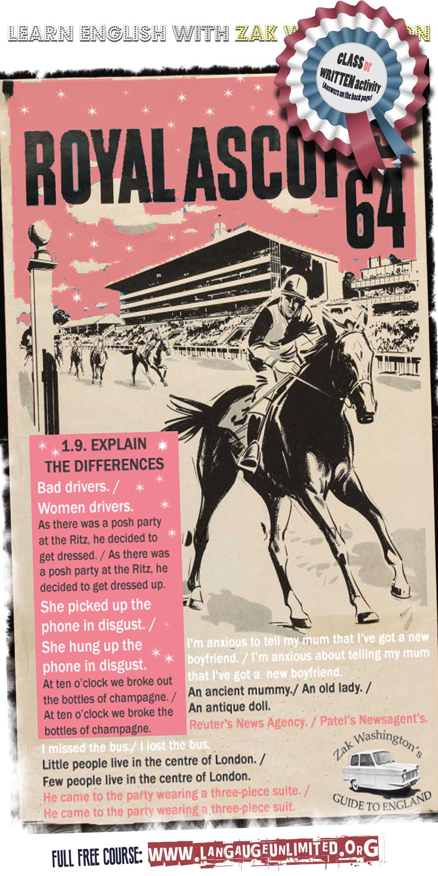 Infographic - vocabulary exercises with pink Royal Ascot poster 1960s-style and rosette