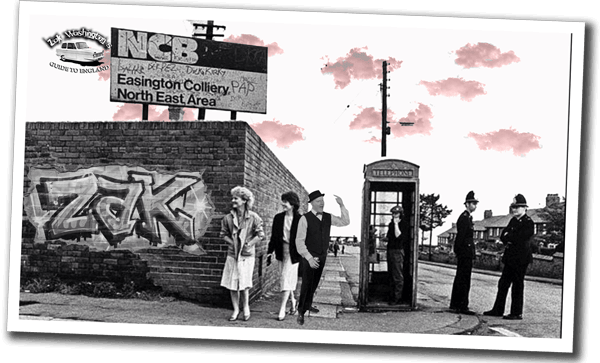 Polaroid image of miner's strike in Britain 1980s showing Coal mine, red telephone box and British 'Bobbies'