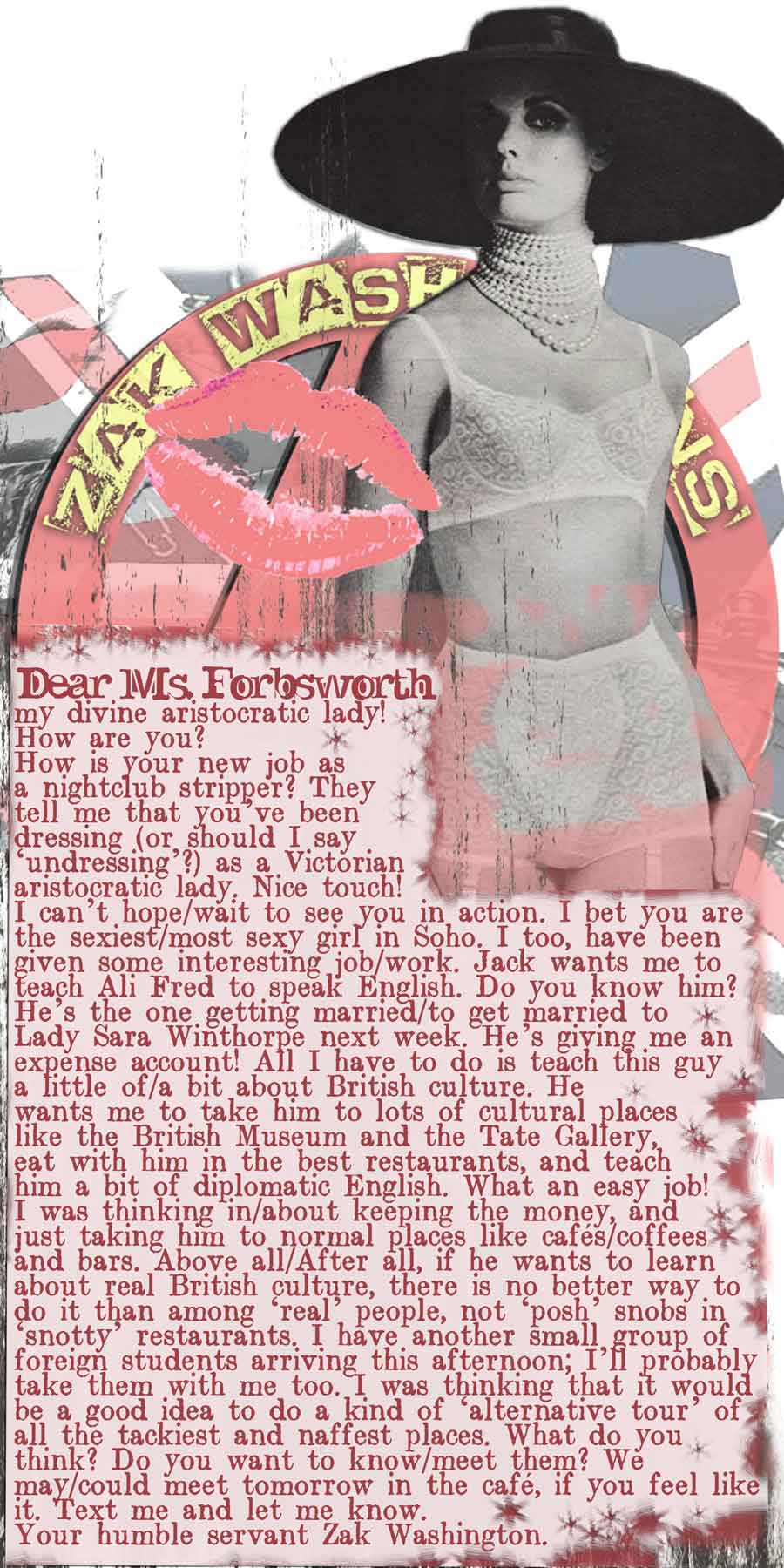 Graphic of an elegant 1960 woman and text from Zak's adventure story