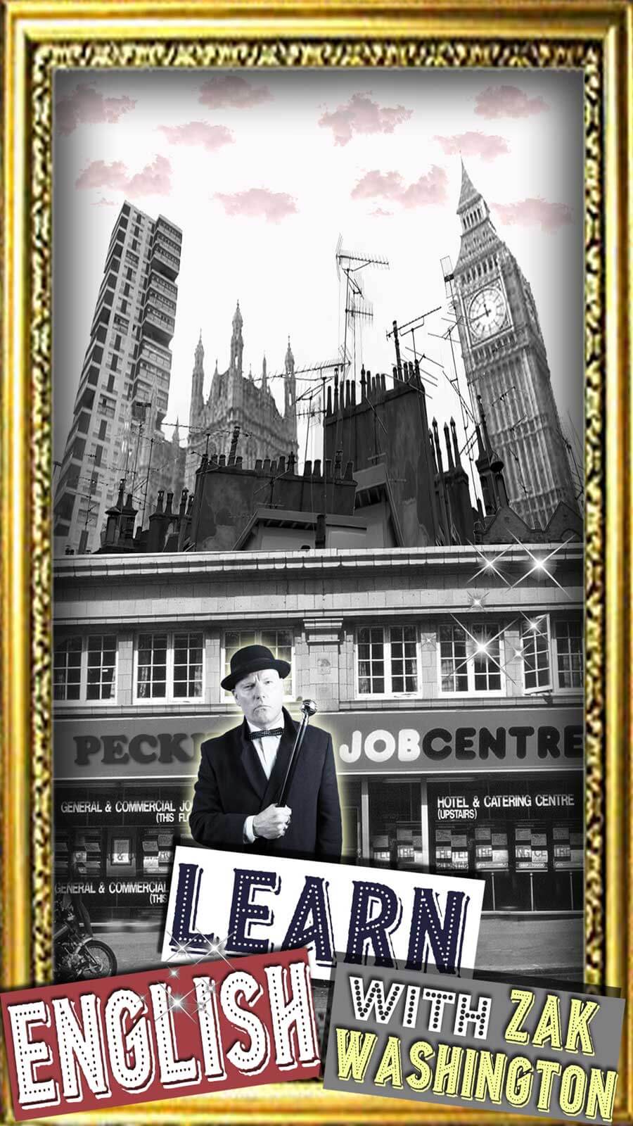 Teacher Zak Washington outside Unemployment Office with London skyline, ariels and Big Ben