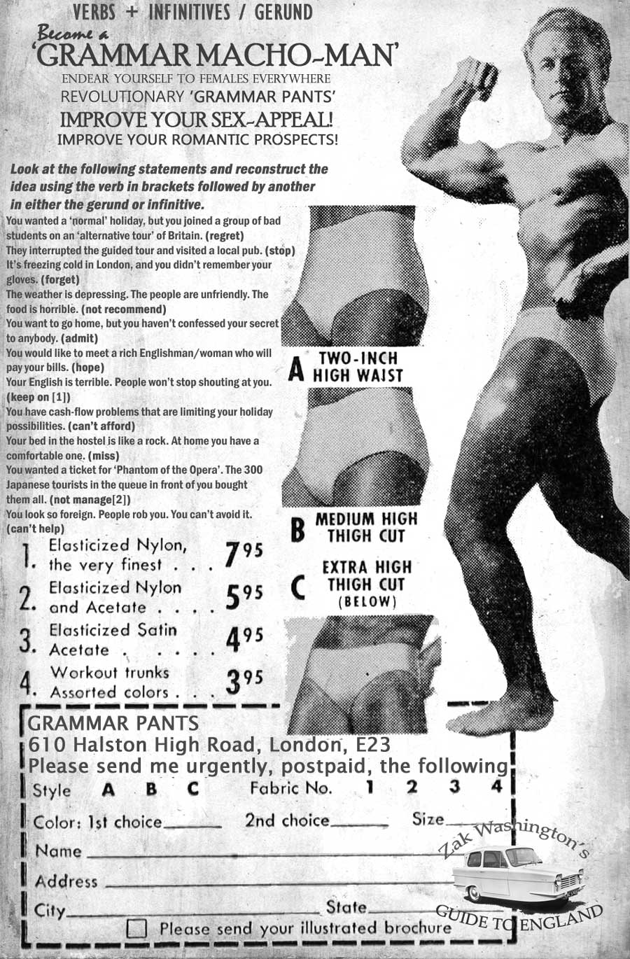 Infographic: grammar exercises for Gerund and infinitives with British macho man image