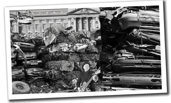 London junkyard / scrapyard with crushed cars piled up in front of Buckingham Palace