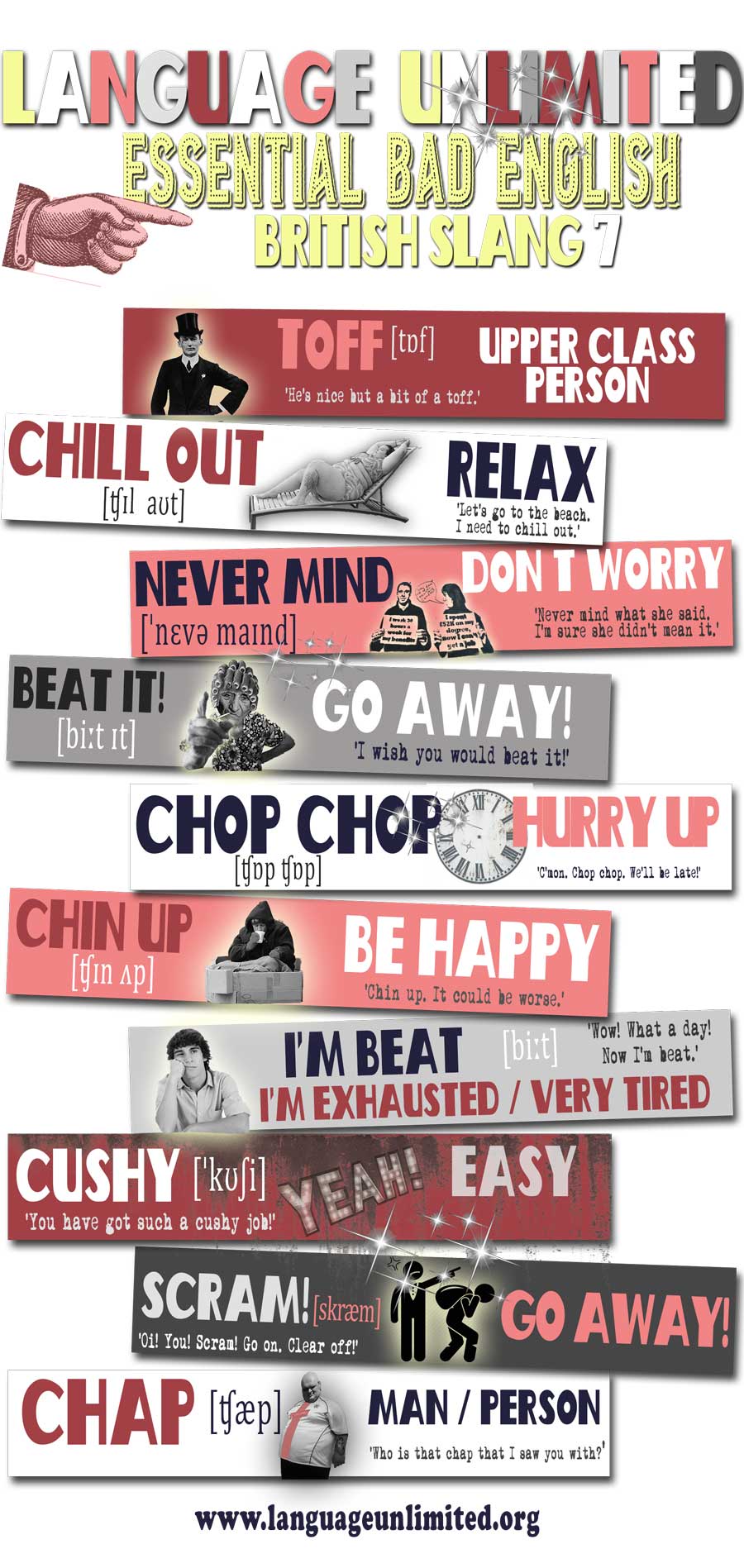 Essential English vocabulary. British slang 7 pop art infographic with typical UK expressions.