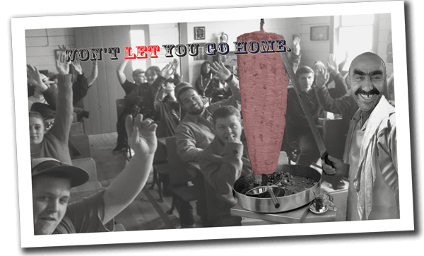Funny polaroid depicting British kebab restaurant owner making kebabs in a classroom