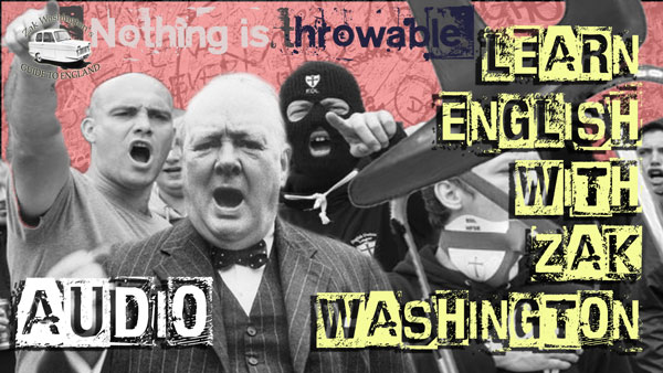 Winston Churchill surrounded by a group of rowdy British chavs in a London street