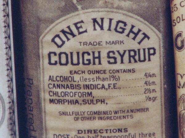 1888 medicine bottle with cough syrup containing alcohol cannabis and morhine