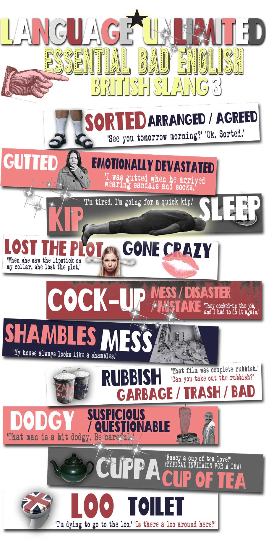 Ironically titled infographic 'Essential bad English. British Slang 3.' Includes explanations of terms like 'Gutted' 'kip' 'sorted' 'shambles' 'dodgy'