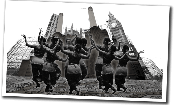 Polaroid of Bollywood dancers in London street scene with Battersea Power station and Big Ben