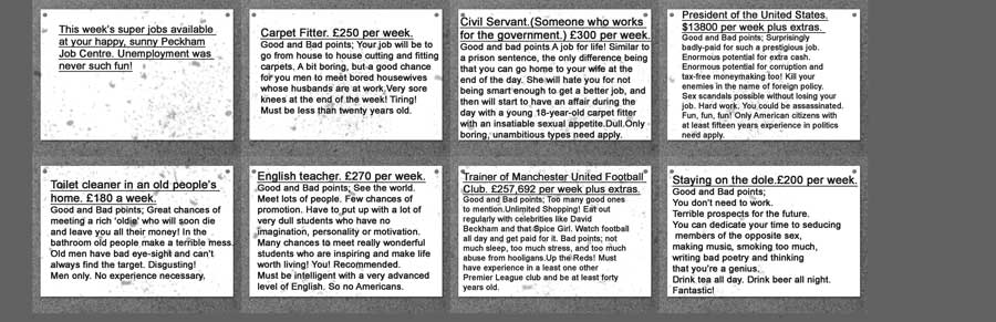 Job Centre board with humourous ficticious job ads juxtaposing badly paid jobs with over-paid posts like 'Manchester United manager'.