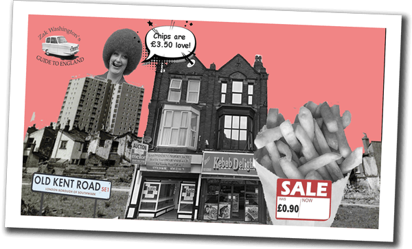 Polaroid caricature of Kebab shop on the Old Kent road and a portion of fish and chips