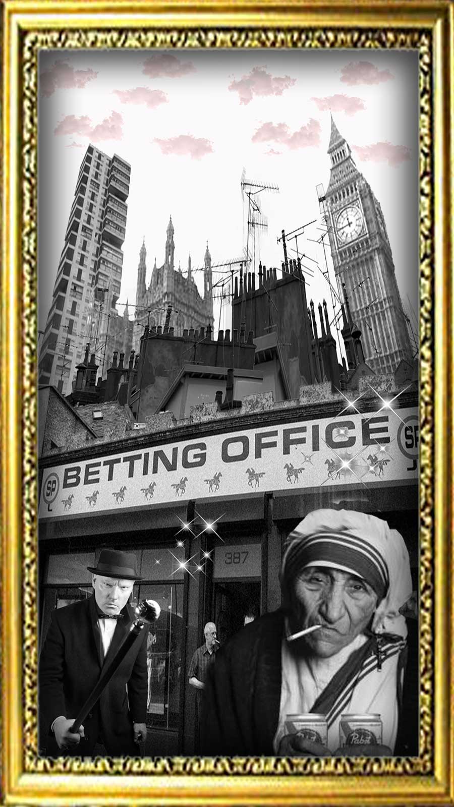 Zak and Mother Teresa smoking outside a typical British betting shop. 