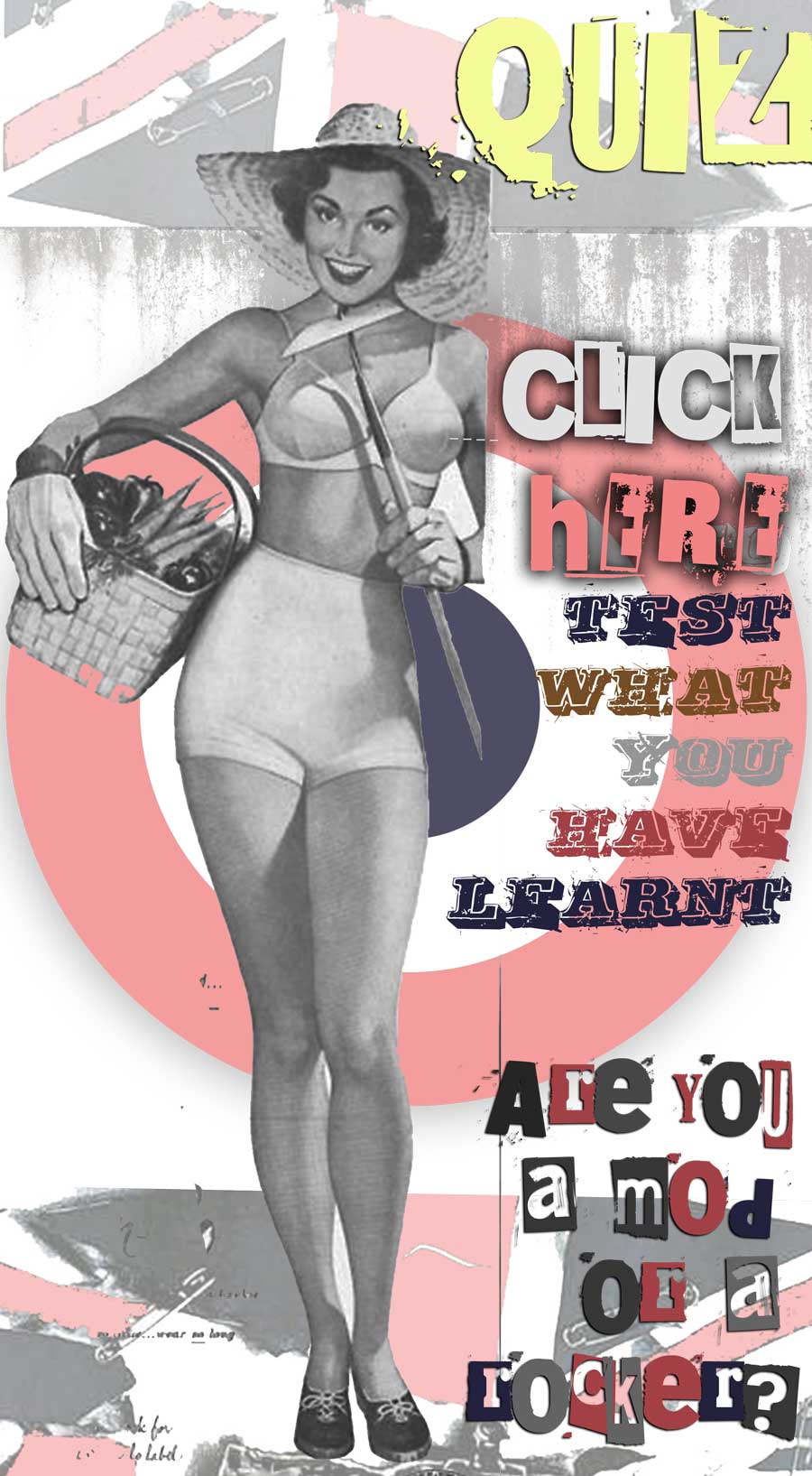 Mod-style pop art graphic of 1950s British model pin-up which links to a quiz: Are you a Mod or a Rocker?