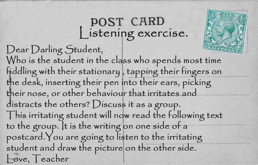 Vintage postcard with student classroom instructions